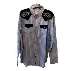Moon shine plaid blue white black plaid pockets covered snaps embroidery